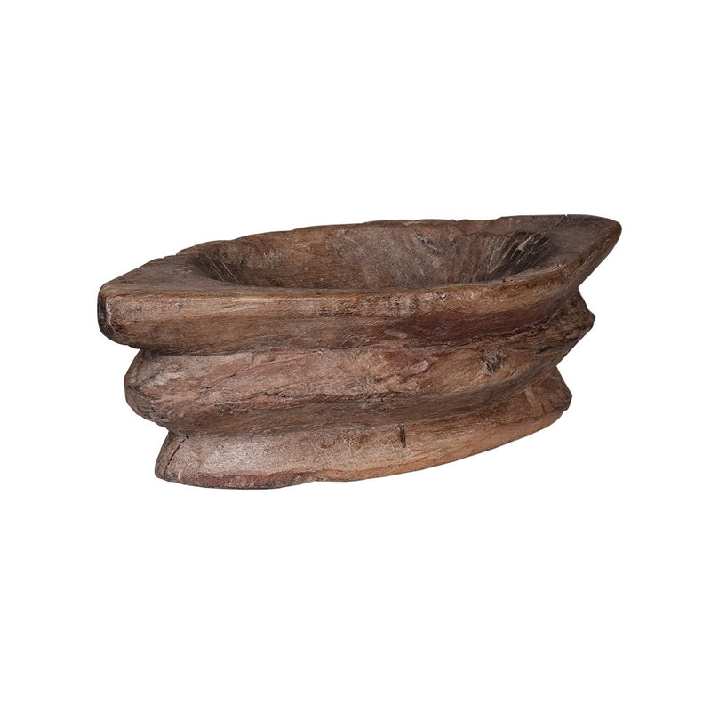 13 in. Long Antique Carved Wooden Boat Shaped Bowl In Natural Finish