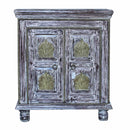 Distressed White 2 Door Small Cabinet With Brass Accents