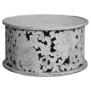 Hand Carved Floral Lattice Solid Wood Distressed Off- White 36" Round Coffee Table