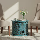 Farmhouse Style Hand Carved Lattice Distressed Blue Round Side Table