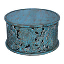 Hand Carved Lattice Distressed Blue 36" Round Cocktail Table
