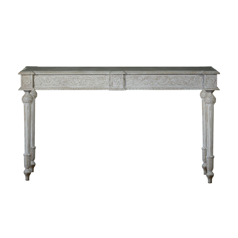 Elegant Victorian Style Hand Carved 12" Deep Solid Wood Console - Distressed White