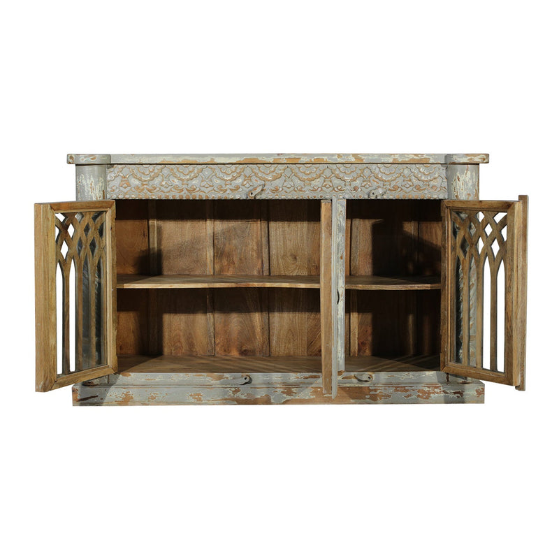 Gray Distressed Finished Old World Cathedral Shutter Sideboard