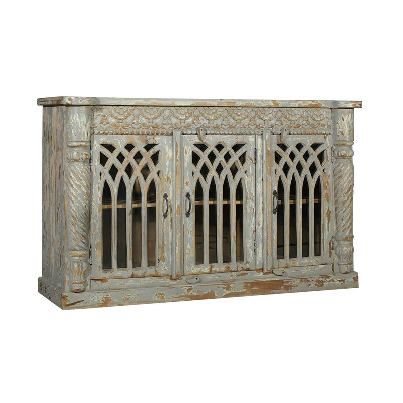 Gray Distressed Finished Old World Cathedral Shutter Sideboard