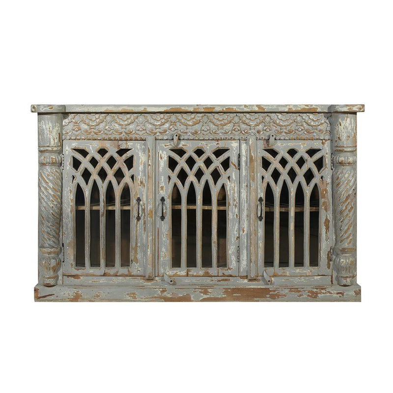 Gray Distressed Finished Old World Cathedral Shutter Sideboard