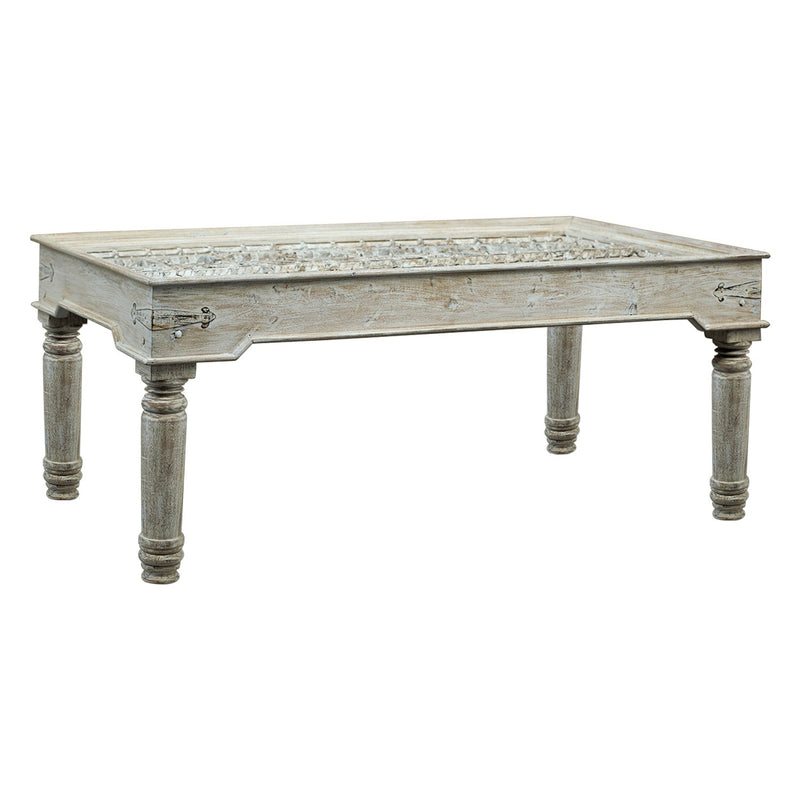 79" Long Carved Antique Door Dining Table - Distressed White