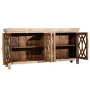 Farmhouse Style 80" Long Distressed Credenza With Glass Doors