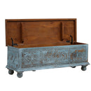 Farmhouse Style Distressed Blue Hand Carved 54" Long Bed End Chest