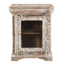 Farmhouse Style Solid Wood Carved Distressed White Nightstand With Glass Door