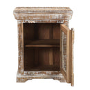 Farmhouse Style Solid Wood Carved Distressed White Nightstand With Glass Door