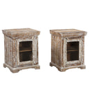 Farmhouse Style Solid Wood Carved Distressed White Nightstand With Glass Door