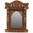 Ornate Carved Jharokha 32" Tall Mirror With Copper Hand Paintings