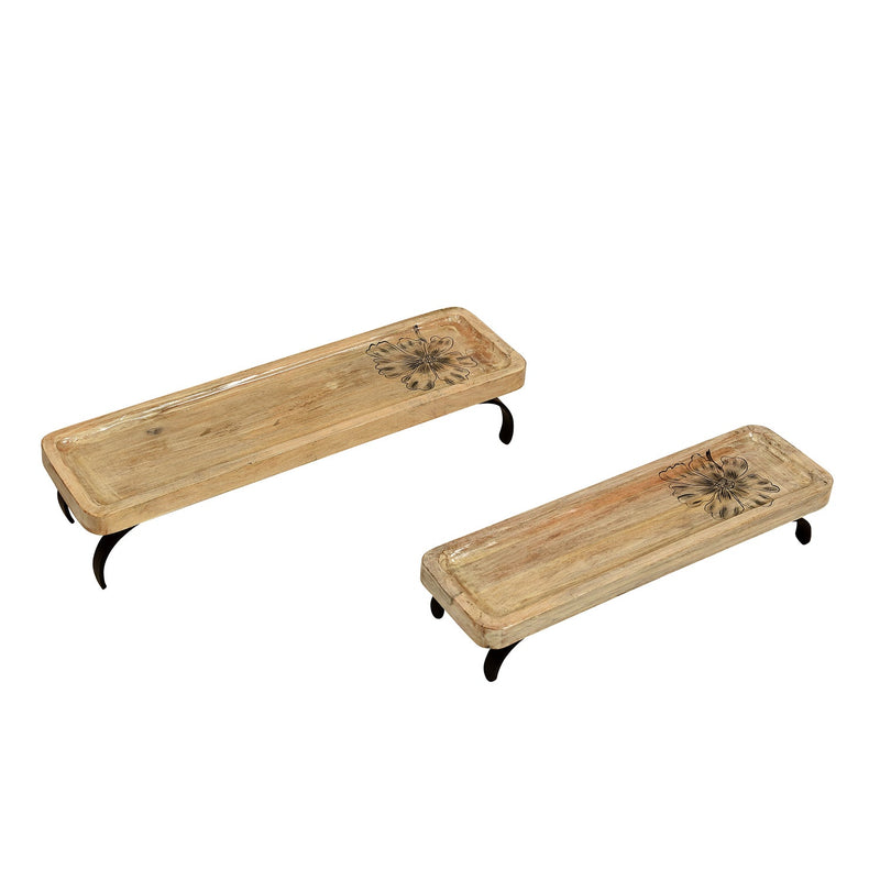 Farmhouse Style Wooden Serving Platter On Metal Stand - Set Of 2