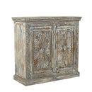 Farmhouse Style Hand Carved Lotus Flower Solid Wood 47 in. Wide Cabinet - Distressed Gray White