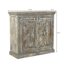 Farmhouse Style Hand Carved Lotus Flower Solid Wood 47 in. Wide Cabinet - Distressed Gray White