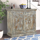 Farmhouse Style Hand Carved Lotus Flower Solid Wood 47 in. Wide Cabinet - Distressed Gray White
