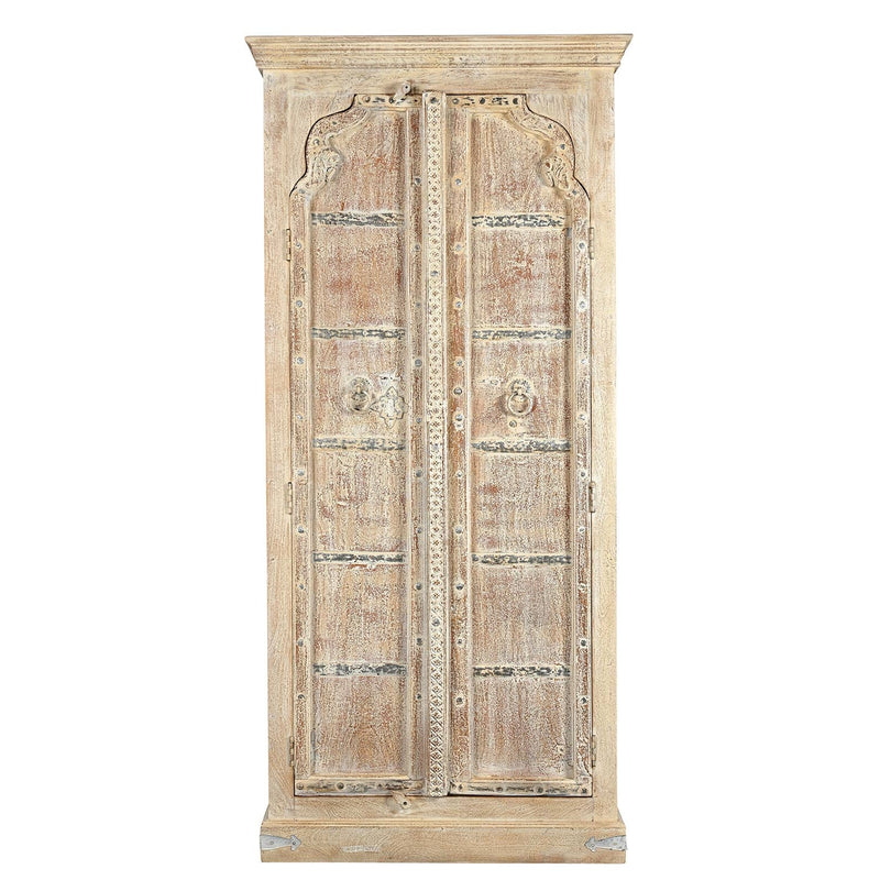 1900s Antique Teak Wood Door Upcycled 81 in Tall Armoire in Distressed White Finish