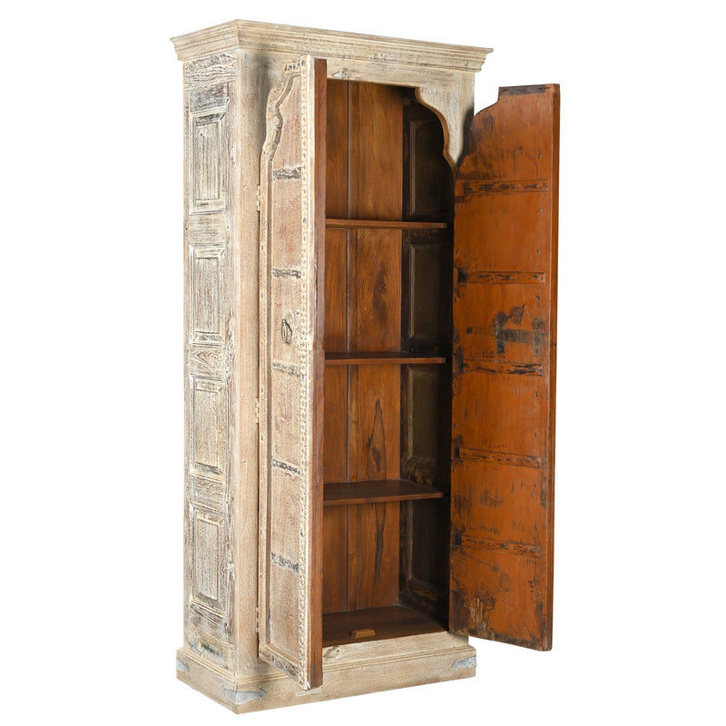 1900s Antique Teak Wood Door Upcycled 81 in Tall Armoire in Distressed White Finish
