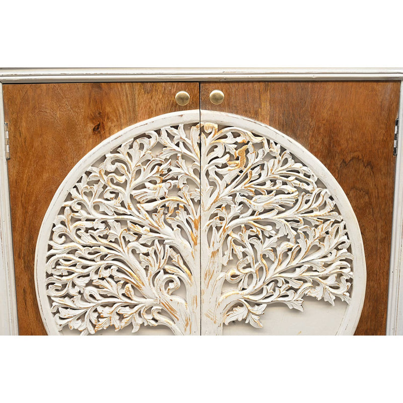 Eclectic Solid Wood Carved Tree Of Life 2-Door Cabinet - Distressed White