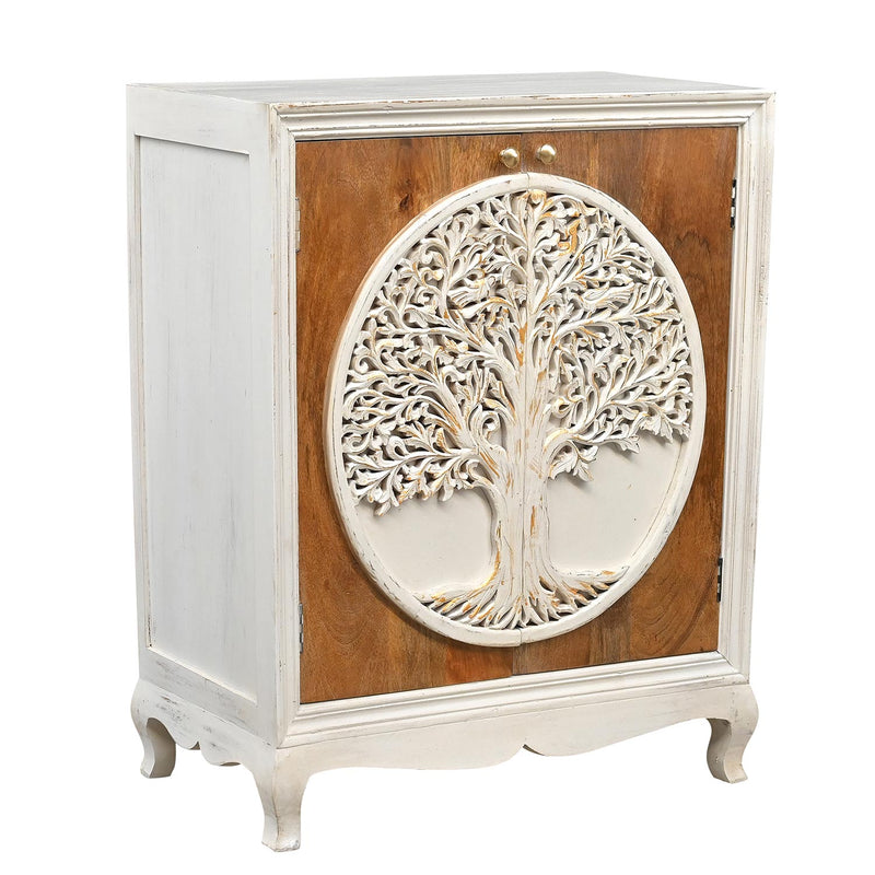 Eclectic Solid Wood Carved Tree Of Life 2-Door Cabinet - Distressed White