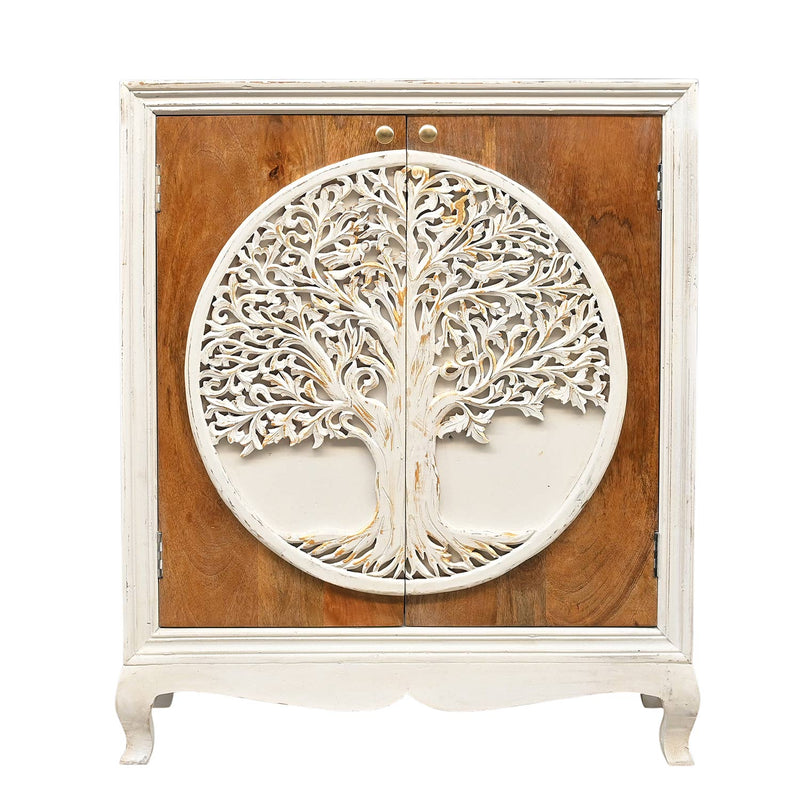 Eclectic Solid Wood Carved Tree Of Life 2-Door Cabinet - Distressed White