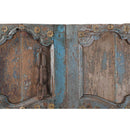 Early 1900s Teak Wood Antique Door With Distressed Blue Paint & Brass Pin Accents