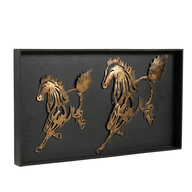 Eclectic Metal Galloping Horses In Wooden Frame Wall Art