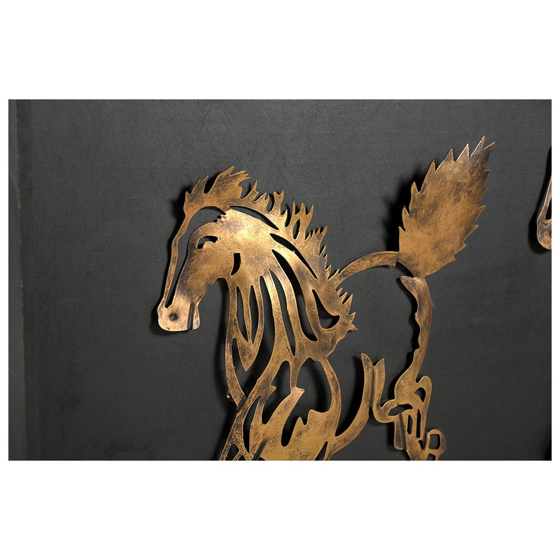 Eclectic Metal Galloping Horses In Wooden Frame Wall Art