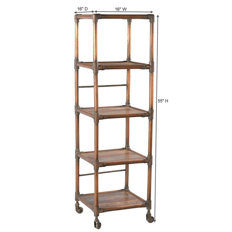 Eclectic Reclaimed Wood And Copper Pipes Repurposed 55 in. Tall Display Rack On Wheels