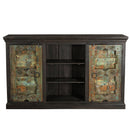 Ranch Style Antique Carved Distressed Doors Repurposed 73 in. Sideboard With Open Shelf