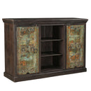 Ranch Style Antique Carved Distressed Doors Repurposed 73 in. Sideboard With Open Shelf