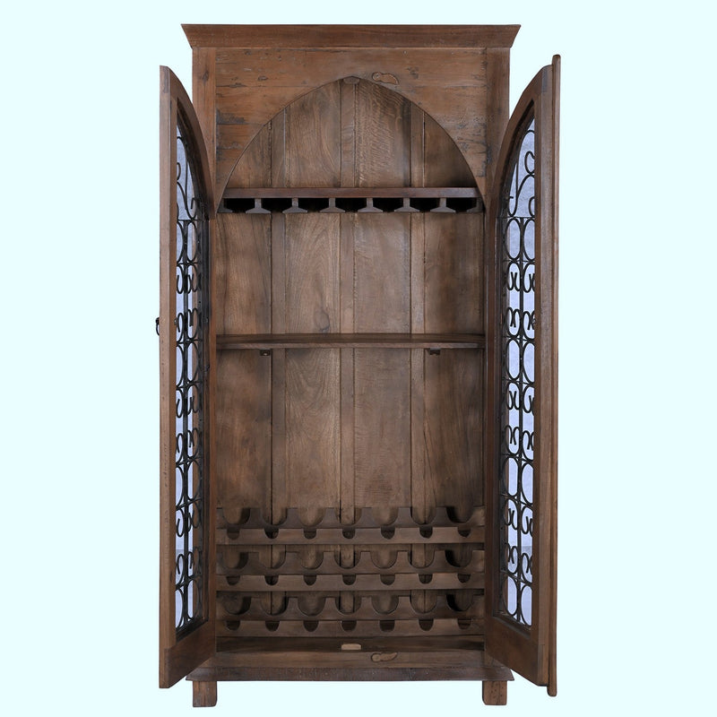 Ranch Style Distressed Wood Rustic Wine Cabinet With Iron Grills