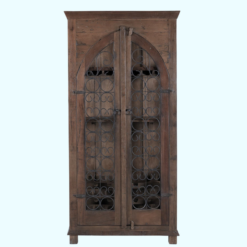 Ranch Style Distressed Wood Rustic Wine Cabinet With Iron Grills