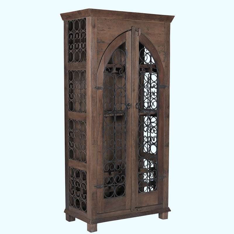 Ranch Style Distressed Wood Rustic Wine Cabinet With Iron Grills