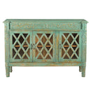 Farmhouse Style Distressed Blue Carved 60 in. Large Sideboard With Glass Doors