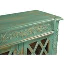 Farmhouse Style Distressed Blue Carved 60 in. Large Sideboard With Glass Doors