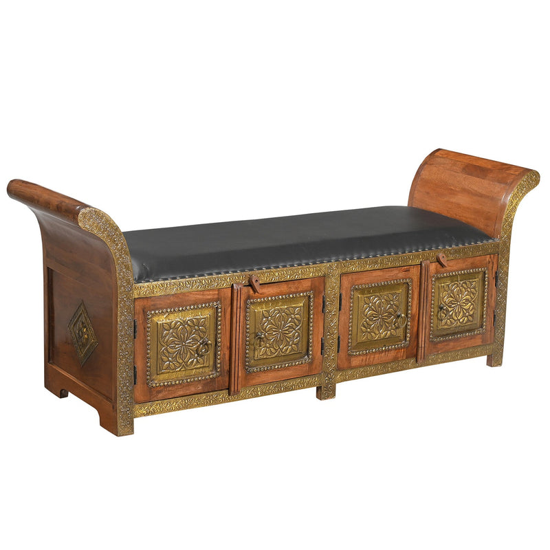 63 in. Long Solid Wood Chaise Bench With Brass Accents & Storage