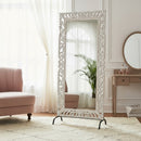 Farmhouse Style Wooden Carved Lattice Distressed White 84 in. Tall Mirror On Stand