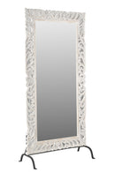 Farmhouse Style Wooden Carved Lattice Distressed White 84 in. Tall Mirror On Stand