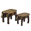 Eclectic Wooden Elephant Bench With Hammered Brass Foil Accents- Set of 2