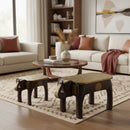Eclectic Wooden Elephant Bench With Hammered Brass Foil Accents- Set of 2