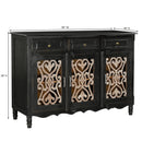Distressed Black Finish 56 in. Long Solid Wood Buffet With Iron Grill Insets