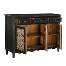 Distressed Black Finish 56 in. Long Solid Wood Buffet With Iron Grill Insets