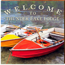 Welcome to Thunder Lake Lodge Colorful Boats | Wall Art Print on Real Wood