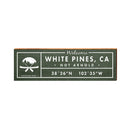 White Pines (Not Arnold), California Canoe & Moon Welcome Sign Lodge Green | Wall Art Print on Real Wood