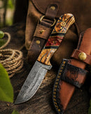 Hand-Forged Damascus Steel Drop Point Knife | Bocote Wood & Ruby Red Resin Handle | Leather Sheath TK-512