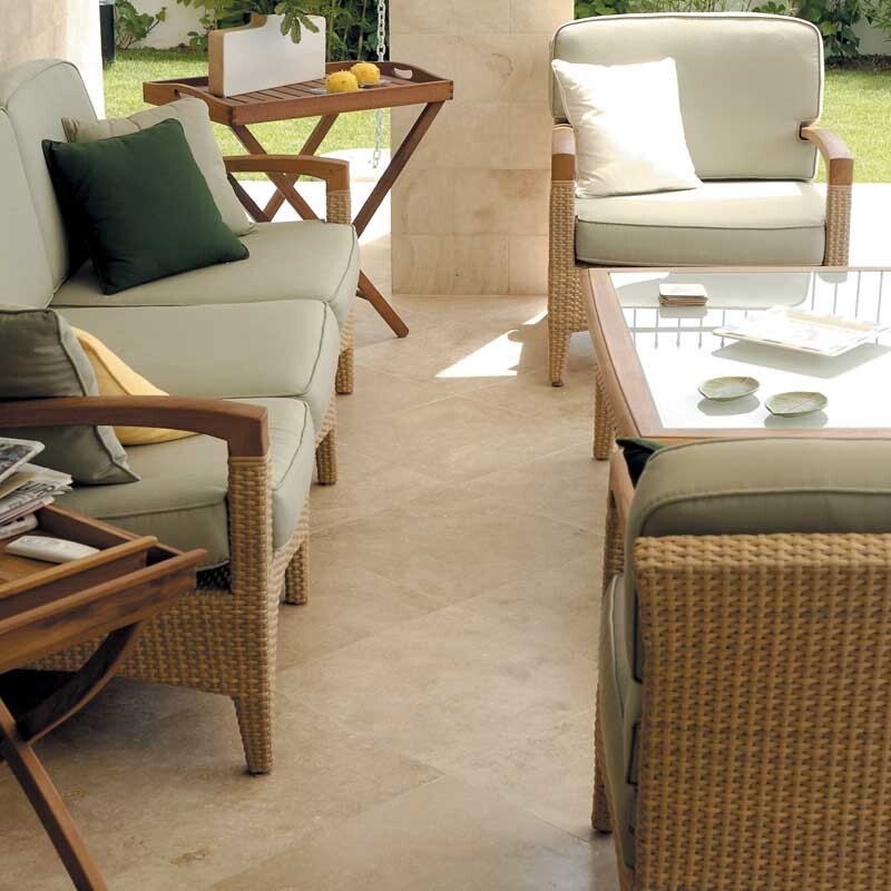 Ivory Honed 2 3/4"x5 1/2" Filled Travertine Tile outdoor sitting view