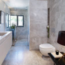 Silver light 18"x18" Honed Marble Tile Product shoot wash room view