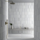Citylight Leather 3"x12" Marble Tile Product shoot washroom view