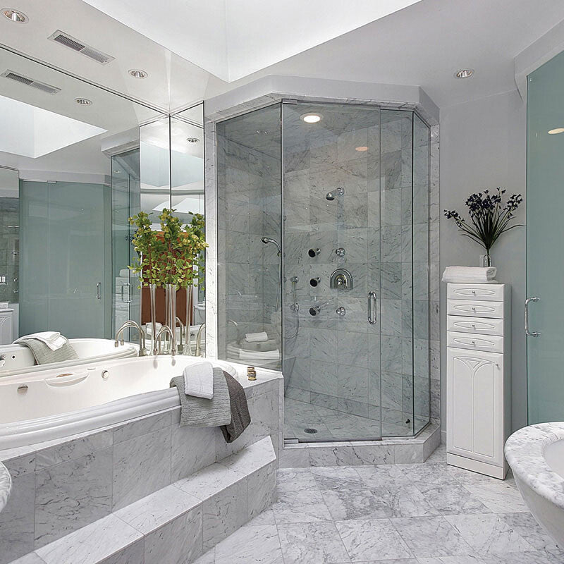 White Carrara 12"x12" Honed Marble Tile bathroom view